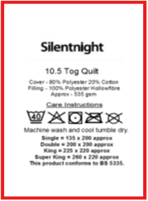 Incorrect example - duvet/quilt label showing washing symbols only or folded/blurred