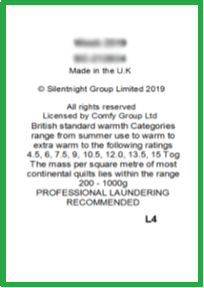 Correct example - duvet/quilt wash care label with product code visible