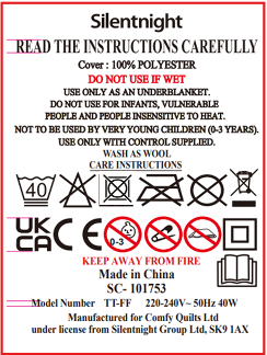 Incorrect example - electric blanket label missing product code or wrong side