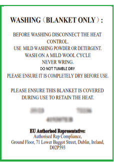 Correct example - electric blanket label with product code visible
