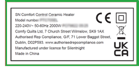 Correct example - electrical rating label with comfy code/model number visible